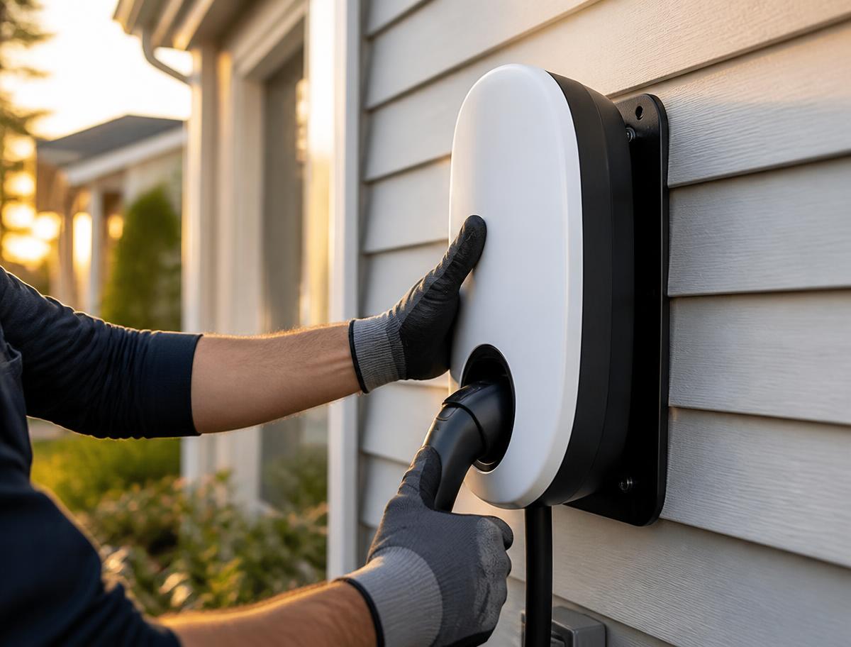Gloved hands connecting a charging cable to a wall-mounted Level 2 EV charger on a home exterior